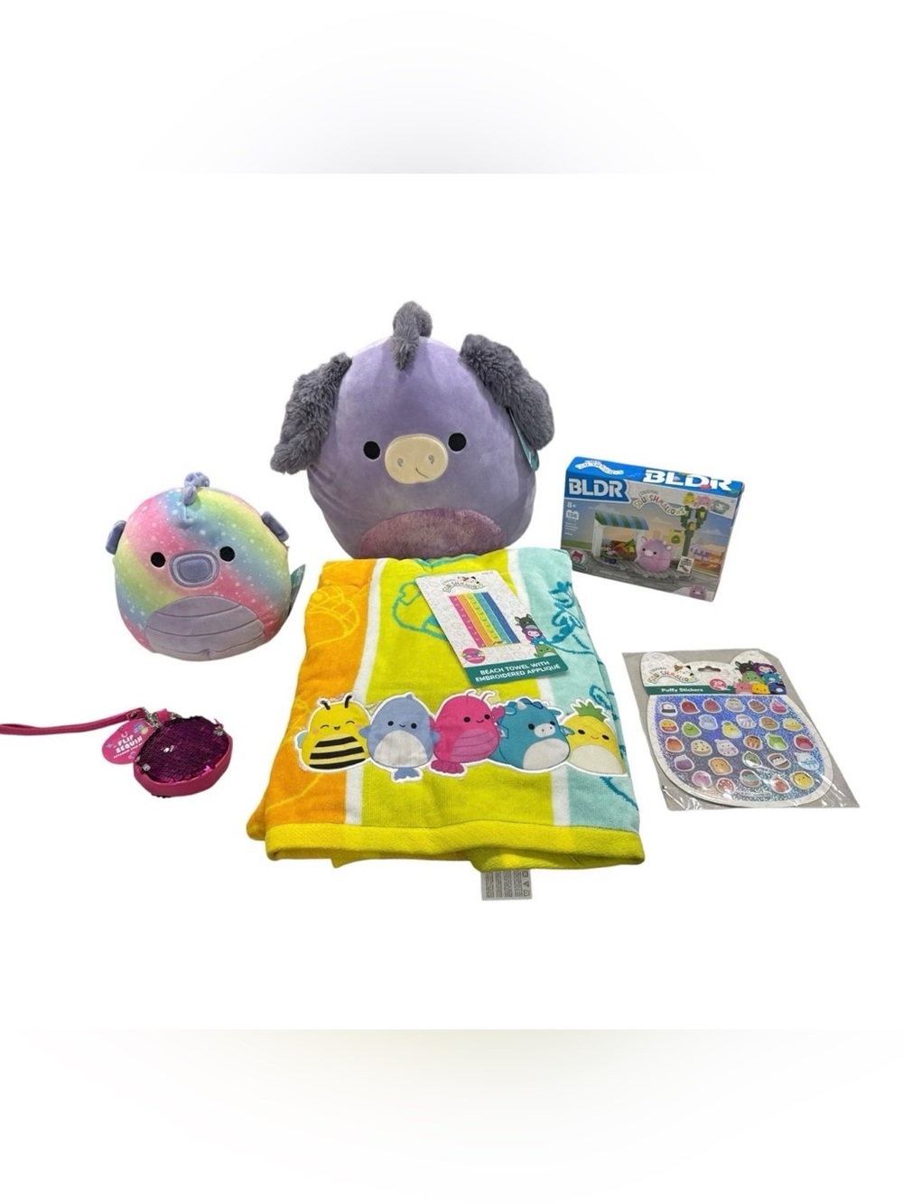Squishmallows Purple Plush Toy Bundle with Rainbow Narwhal and Kids Towel